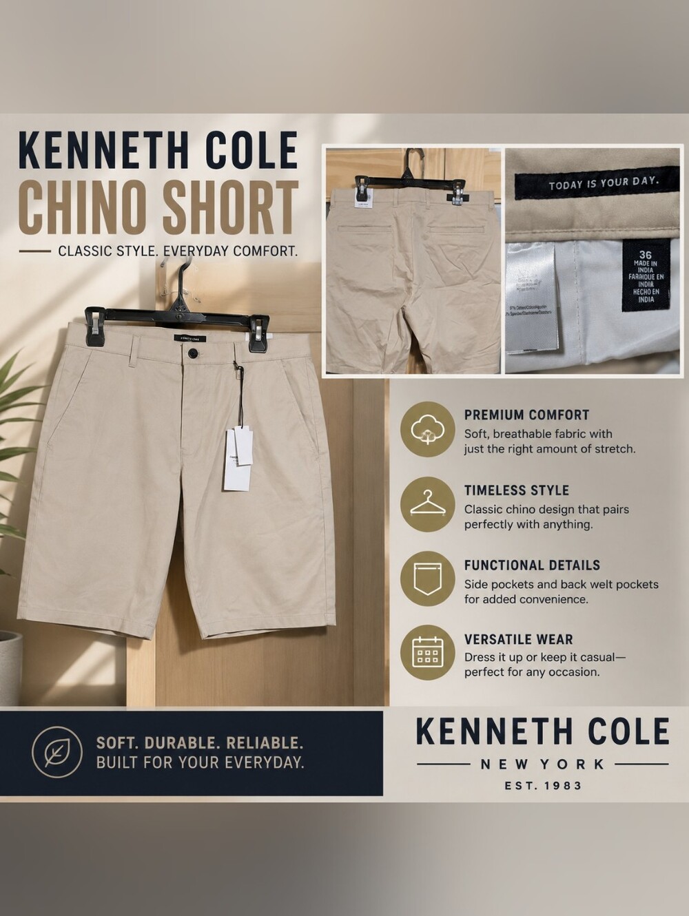 Kenneth Cole Men's Flat Front Chino Shorts - Beige